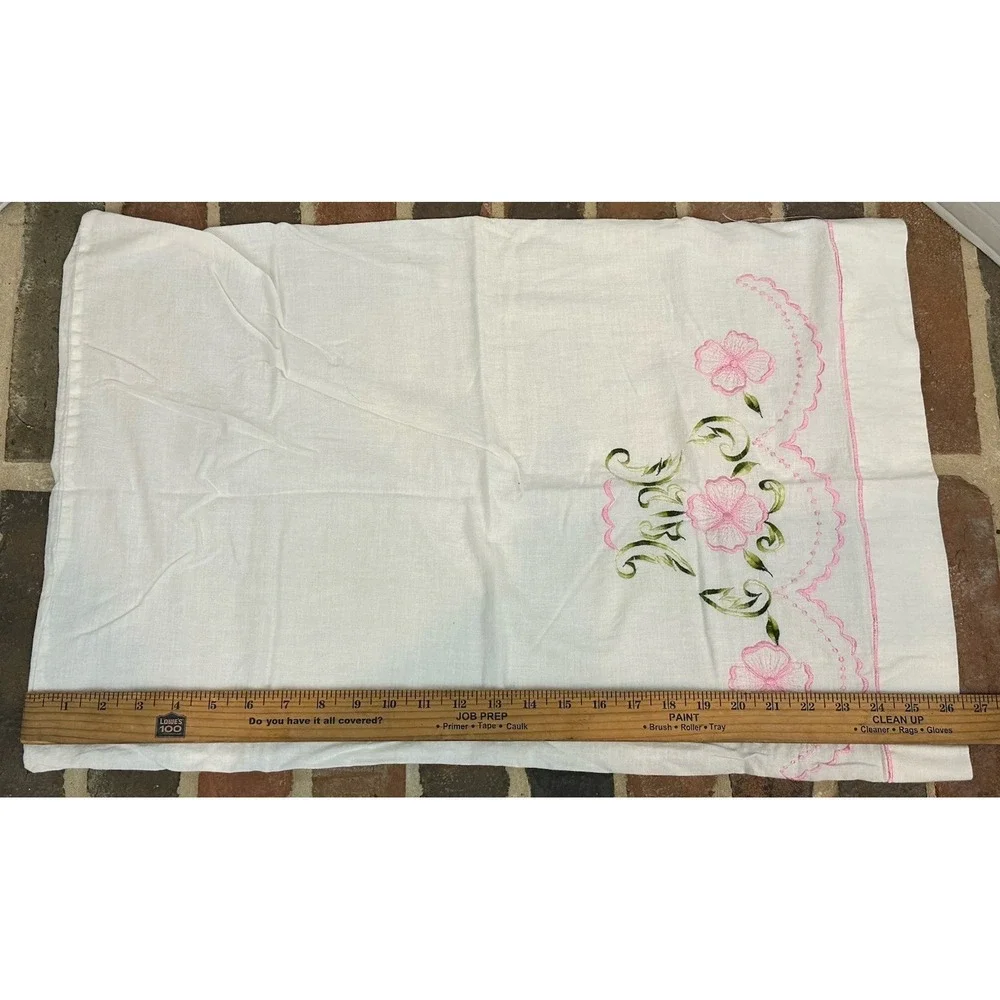 2 Vintage Standard Cotton Pillowcases Hand Embroidered Pink Flowers Rose & Pansy